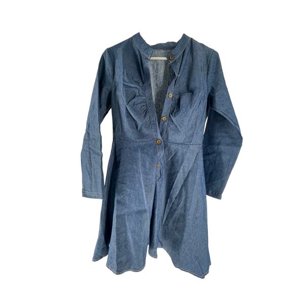 Blue Chambray Denim Long Sleeve Half Button Popover A-Line Mini Dress Women's - Picture 1 of 6